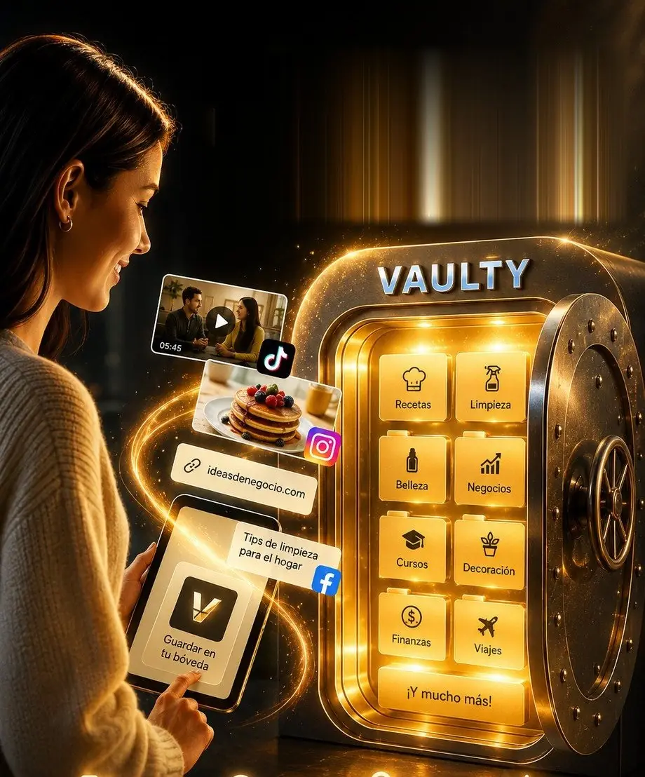 Vaulty: una persona guarda un video en su bóveda personal dorada llena de categorías